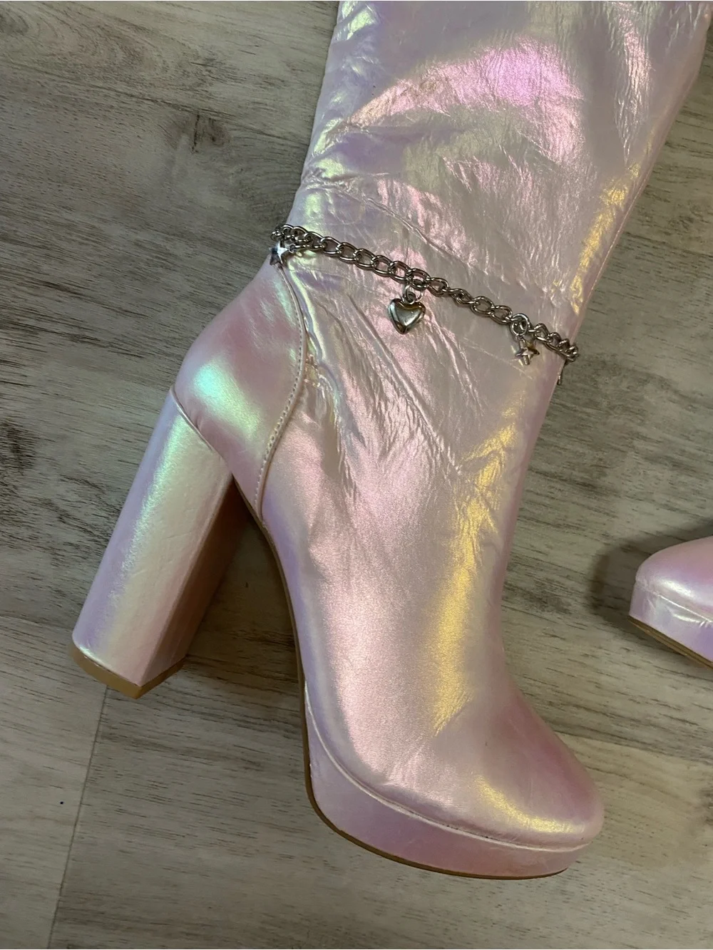 Sparkl Fairy Couture Iridescent Pink Knee-High Block Heel Boots NWT